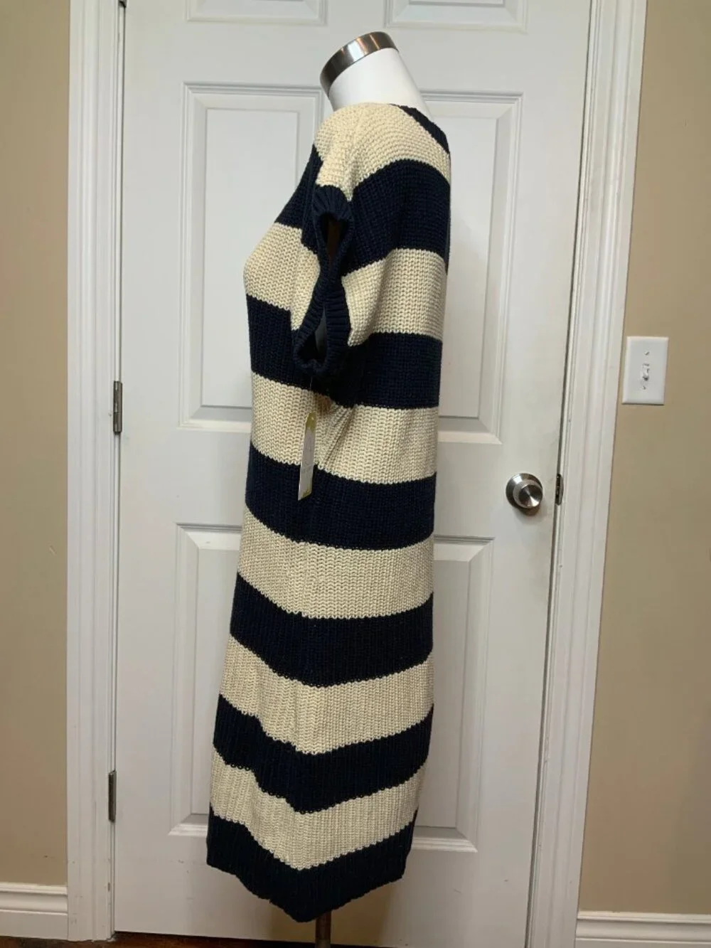 Michael Kors Navy Blue & Cream Stripe V-Neck Shift Sweater Dress, Size XL